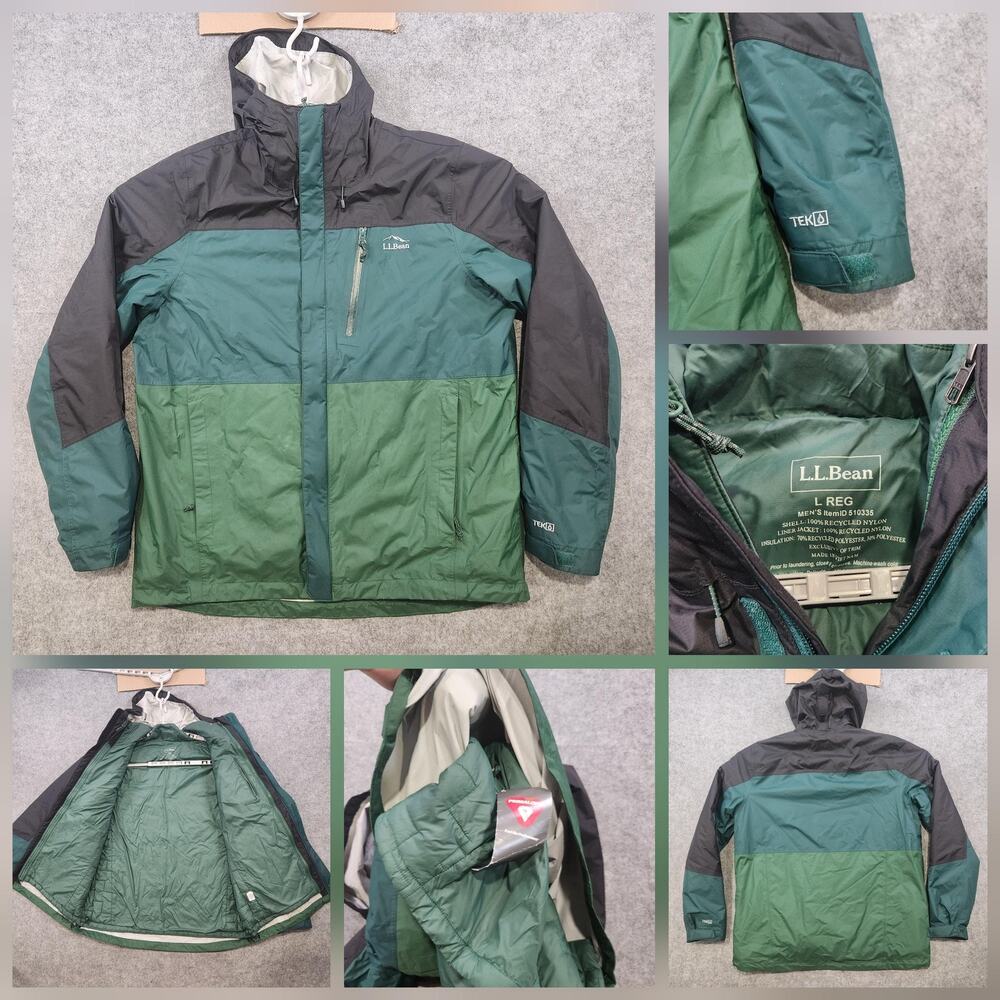 LL Bean Jacket Mens Large Green TEK 2 Waterproof Hooded PrimaLoft Outdoor Coat